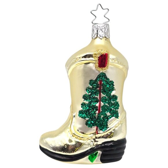 German Gold Cowboy Boot Christmas Tree Ornament Glitter Star Hanger Inge Western - Picture 2 of 7